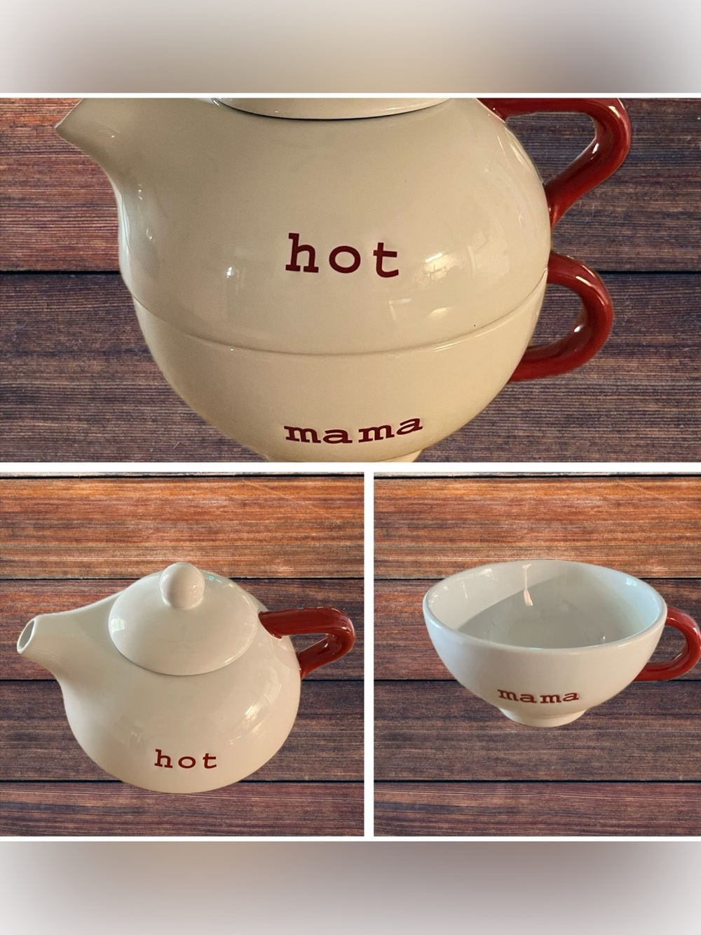 2 in 1 Pottery Barn Nesting 'Hot’ Mini Teapot & ‘Mama' Oversized Covered Mugs